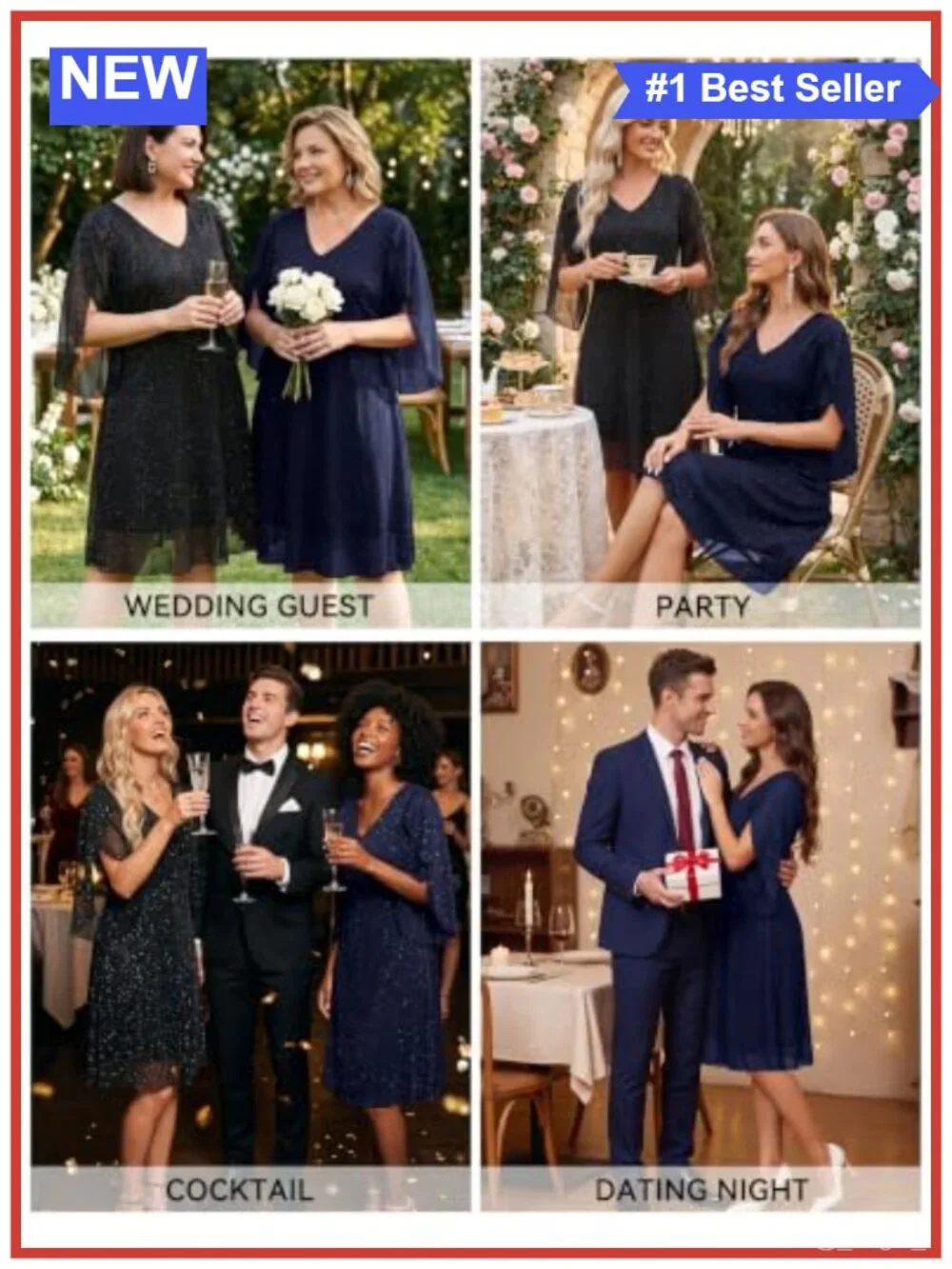 Sequin Cocktail Mini Dress V-Neck A-Line Short Midi Sparkly Party Dress